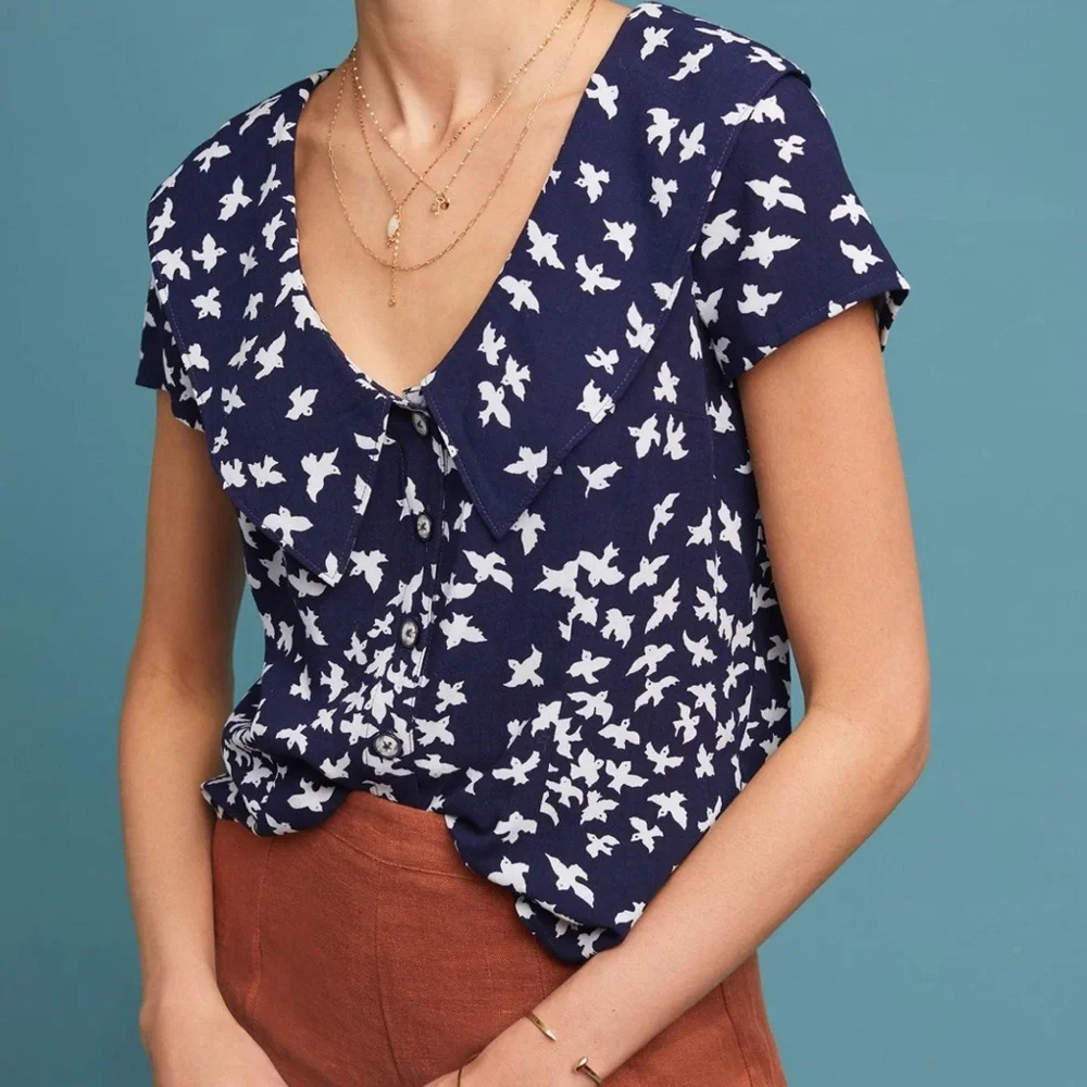 Anthropologie Austen Collared Navy and White Bird Motif  Blouse Top Size 12